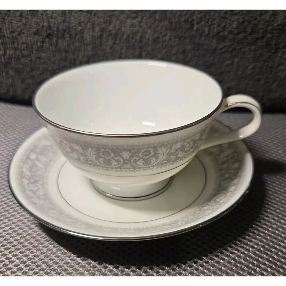 Noritake China Naples 6975 Cup & Saucer Gray Floral Trim